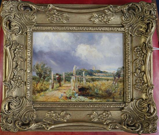 William Joseph Julius Caesar Bond (1833-1926) Angler on a bridge in a wooded landscape 6.5 x 8.5in.